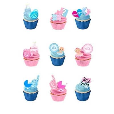 Image of 30 Stand Up Gender Reveal Boy Girl Baby Shower Themed Edible Wafer Paper Cake Toppers Decorations