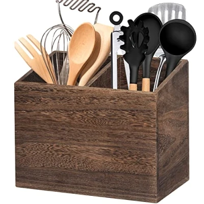 Image of Wooden Kitchen Utensil Caddy With 2 Compartments, Rustic Holder for Countertop, Wood Crock Organizer Box Farmhouse Decor (brown)