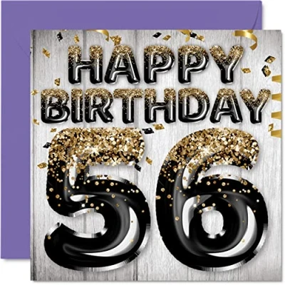 Image of 56th Birthday Card for Men Black &amp; Gold Glitter Balloons Happy Cards 56 Year Old Man Dad Grandad Grandpa Gran Uncle, 145mm x Fifty Six Sixth Bday Greeting Gift