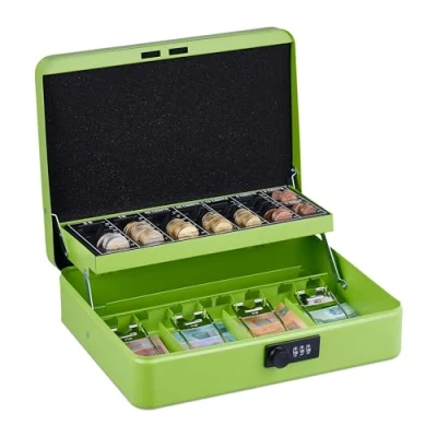 Image of Relaxdays Cash, 3 Digit Number Combination, Coin Insert, Iron Money Box, H x W D: 8.5 30.5 25 cm, Green, 60% 30% Plastic 10% Steel, 8,5 30,5 cm