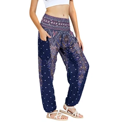 Image of Lofbaz Harem Pants for Women Yoga Boho Hippie Clothing Womens Palazzo Bohemian Pajama Trousers Beach Indian Gypsy Genie Clothes Peacock 1 Dark Blue 3XL