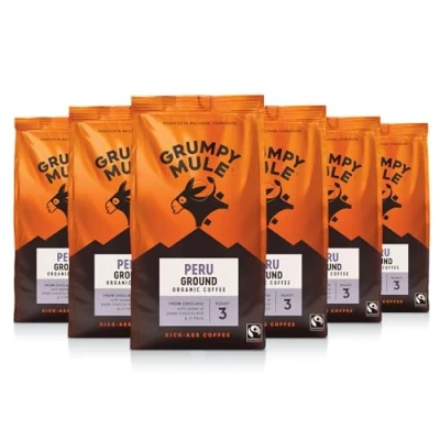 Image of Grumpy Mule Organic Peru Café Femenino Ground Coffee with tastes of Dark Chocolate, Cocoa &amp; Citrus 227 g (pack 6)