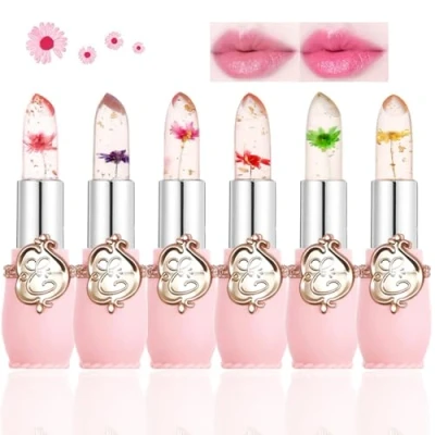 Image of Skynest Clear Flower Jelly Lipstick, 6 Packs Nutritious Moisturizer Lip Balm Temperature Color Change Lipstick Matte Long Lasting Gloss (Black)