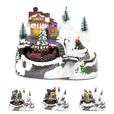 Image of Christmas Scene With Moving Train Xmas Model Village Light Up LED Animated Ornament Design Varies One Supplied