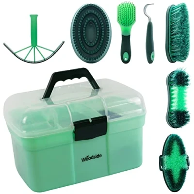 Image of Woodside 8 Piece Equestrian Grooming Set for Horses with Carry Case, Brush, Comb, Pick &amp; Scraper Included, All In One Bundle Pack