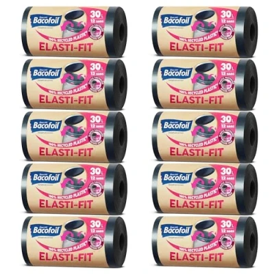 Image of Bacofoil Elasti Fit Bin Liners with Drawstring Handles 30L Leak Proof Bag Elastic Fastening for a Secure (10 Rolls, 120 Bags)…