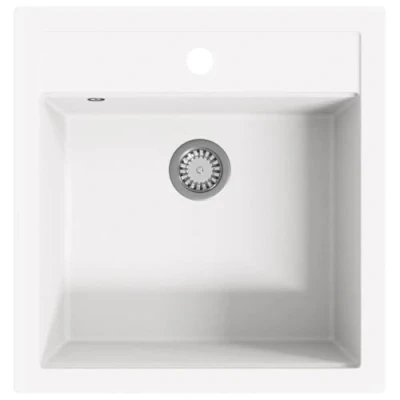 Image of vidaXL Granite Kitchen Sink White Overmount Single Basin with Basket Strainer, Heat/Scratch Resistant, 490x510x306mm
