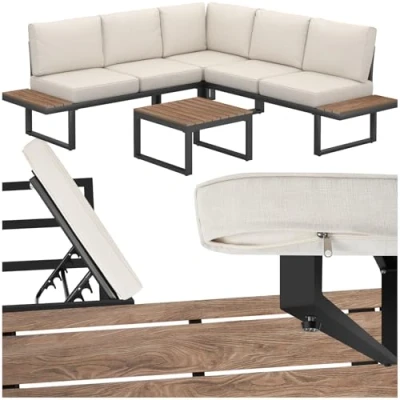 Image of TecTake® 4 Piece Garden Furniture Set 2 Sofas, 1 Corner Sofa &amp; Table, Outdoor with Weather Resistant Aluminium Frames, Adjustable Backrest Thick Cushions, Easy Assembly