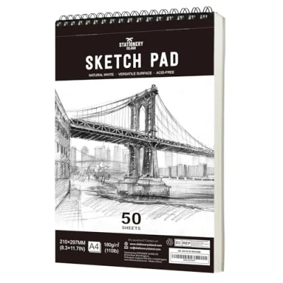 Image of STATIONERY ISLAND Sketch Pad, A4 Book 180 g/m² Thick Paper, 100 Pages / 50 Sheets Spiral Bound Sketchbook 1 Pack