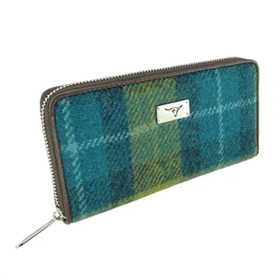 Image of Glen Appin Harris Tweed Large Zip Purse LB2100 Staffa Colour 114 Sea Blue and Green Check