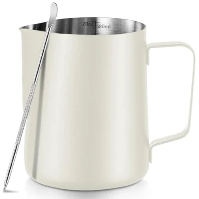 Image of Frothing Milk Pitcher, 20 oz/600 ml Stainless Steel Jug with Latte Art Pen,with Internal Measurements, for Cappuccino White