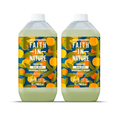 Image of Faith In Nature Natural Grapefruit &amp; Orange Hand Wash and Body Set, Vegan Cruelty Free, No SLS or Parabens, 2 x 5L Pack