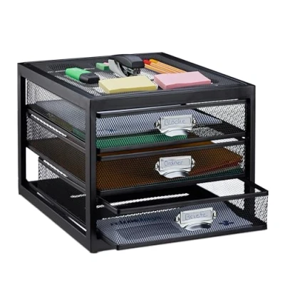 Image of Relaxdays 3 Drawers for A4 Documents Organiser Desk Filing System Black