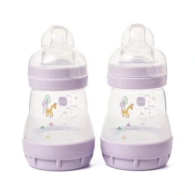Image of MAM Easy Start Self Sterilising Anti Colic Baby Bottle 2 Pack (2 x160 ml) Bottles with Slow Flow Teats Size 1, Newborn Essentials, Pink or Purple (Designs May Vary)