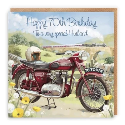 Image of Hunts England Large 70th Husband Motorbike Birthday Card Happy To A Very Special Classic Motorcycle Stunning Artistic Milo&#039;s 210 x mm