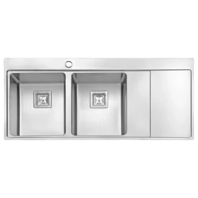 Image of JASSFERRY Brilliant Kitchen Sink Inset 1.2 mm Thickness Stainless Steel Double 2.0 Large Rectangle Bowl Righthand Drainer Square Strainer Plug Waste Pipe Kit