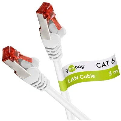 Image of Goobay 92712 CAT 6a Patch Cable Ethernet Double Shielded S FTP up to 10000 Mbits, 500 Mhz, Halogen Free Copper Cable, RJ 45 Connectors, Gold Plated Contacts 3m White