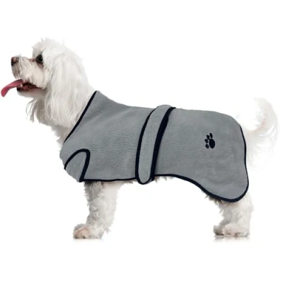 Image of Dog Dressing Gown Drying Towel, Bath Robe, Adjustable Dry Robe bathrobe for dogs, Grey Black Gift Small