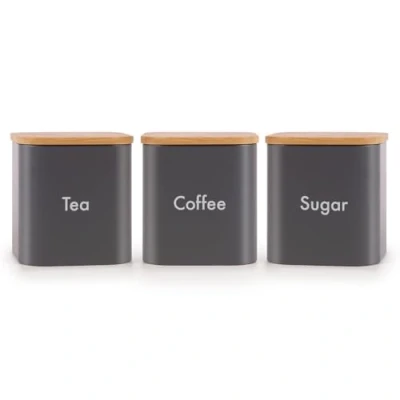 Image of EHC Set of 3 Tea, Coffee &amp; Sugar Canister Storage Jar Container With Airtight Wood Lid, Grey