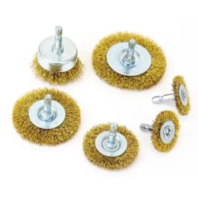 Image of Garden Mile 6pc Wire Wheel and Cup Brush Set Rotary Power Drill Rust Paint Remover Brass Plated Easy Access Decking Use for Car, Garage, Office Kitchen