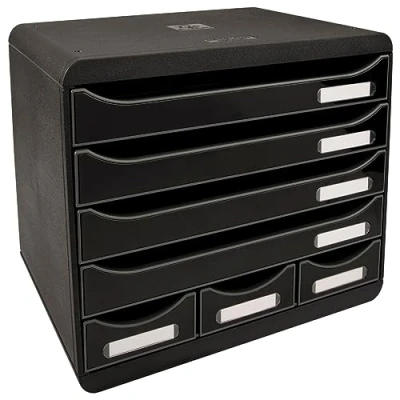 Image of Exacompta Ref 307714D Store Box Office Plus 6 Drawer Set 270 x 355 271mm in Size, 4 A4+ Drawers + 3 Accessory Drawers, Stackable, Open Black