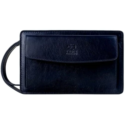 Image of Time Resistance Blue Leather Clutch Purse for Men Handmade Men&#039;s Wrist Bag Italian Small Business Briefcase Everyday Items Organizer Handbag