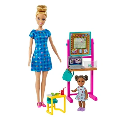 Image of Barbie Teacher Doll (Blonde),Toddler (Brunette), Flip Board, Laptop, Backpack, Toddler Desk, Pet Turtle, Great Gift for Ages 3 Years Old &amp; Up, HCN19