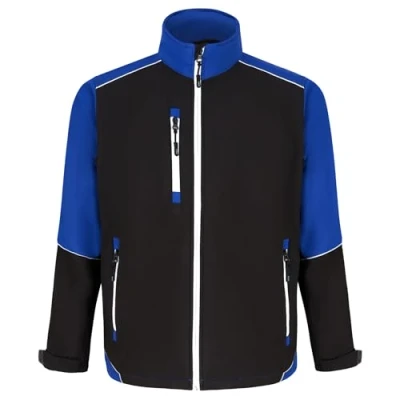 Image of ØRN Fireback (4283) Mens Workwear Softshell Jacket with High Visibility Piping and Zip, Breathable, Water Resistant, Machine Washable Black/Royal, 3XL
