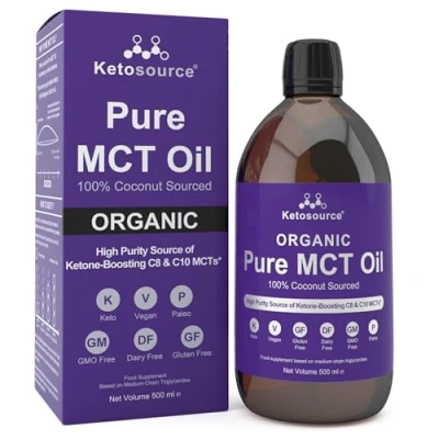 Image of Pure MCT Oil Organic 100% Coconut C8 C10 Glass Bottle High Purity Source of Ketone Boosting &amp; MCTs Keto Diet, Fasting, Vegan Safe Gluten Free 500ml Ketosource®
