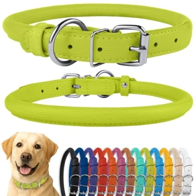 Image of CollarDirect Rolled Leather Dog Collar, Soft Padded Round Puppy Handmade Genuine Collar Small Large Cat Collars Black Pink Red Purple Blue (Fits 16&quot; 20&quot; Neck, Beige)