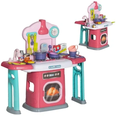 Image of AIYAPLAY Toy Kitchen, 45 Piece Kids Kitchen with Rotating Side Tables, Toddler Pretend Role Play Light, Sounds, Spray Effect for Ages 3 6 Years, Pink