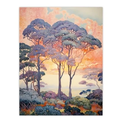 Image of Artery8 Coastal Sunrise Behind Trees Orange Blue Purple Unframed Wall Art Print Poster Home Decor Premium