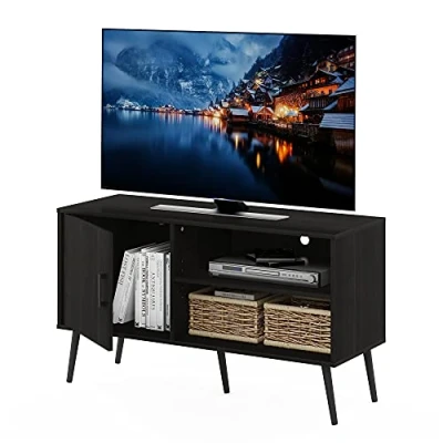 Image of Furinno Claude Mid Century Style TV Stand, Unit with Wood Legs, One Cabinet Two Shelves, Espresso