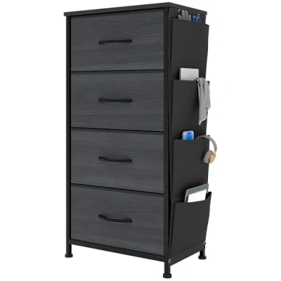 Image of YITAHOME Chest of Drawers with 4 Drawers, Fabric Cabinet Side Pocket&amp;Hooks,Sturdy Steel Frame,Storage for Bedroom, Kids Room, Closet, Charcoal Black Wood Grain