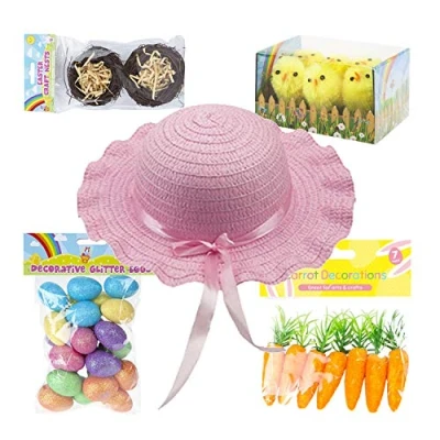 Image of AKH® Girls Easter Bonnet Complete Kit Set Make Your Own Hat Eggs Chicks Carrots Craft Nests with 32Pcs Supplies