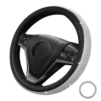 Image of Pahajim Car Steering Wheel Covers with Sparkly Diamond,Glitter Diamante Cover Bling Accessories for Women Ladies (black white)
