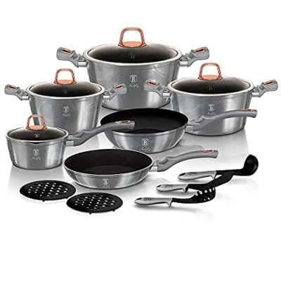 Image of Berlinger Haus Moonlight Edition 15 Pieces Cookware Set, Bra/6022 Gray Stainless Steel 18/8