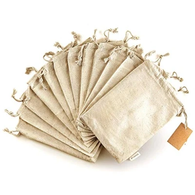 Image of Leafico Organic Cotton Reusable Produce Bags Small 13x18 cm 12 Pcs Biodegradable Eco Friendly Bulk Bin for Food Cloth Fruit Vegetable Storage Drawstring Pouch Linen Bag