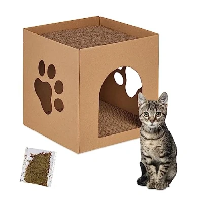 Image of Relaxdays Cat House Cardboard, Kitten Cave Hide Scratching Board, Easy Assembly, Incl. Catnip, 30 x 30.5 cm, Brown