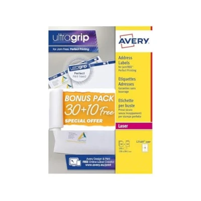 Image of Avery Bonus Pack of Labels, Laser Printer, White Blank A4 30 Sheets Plus 10, 139 x 99.1mm, UltraGrip, L7169 30BP