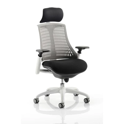 Image of Flex Task Operator Chair White Frame Black Fabric Seat with Headrest Grey Back