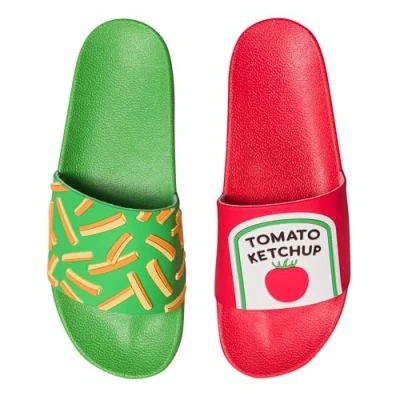 Image of Dedoles Sliders &amp; Slippers for Women, Men Kids Sandals Funny Designs Plane Coffee Party Pizza Fox Bear Cherry Flamingo Footwear Gift, Color: Chips and Ketchup, Size: 12UK