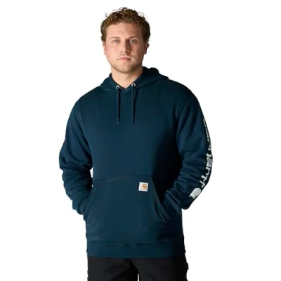 Image of Carhartt Men&#039;s Loose Fit Midweight Logo Sleeve Graphic Sweatshirt Hooded Sweatshirt, New Navy, S