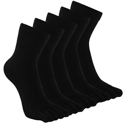 Image of Teenloveme Mens Five Toe Finger Socks: Cotton 5 Socks for Men Sports Running Crew with Pairs, Pure Black 10 12, (PUMT140 BK 5Pack L)