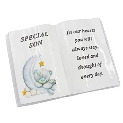 Image of Angraves Special Son Baby Boy Teddy Bear Moon Memorial Graveside Book Ornament Plaque