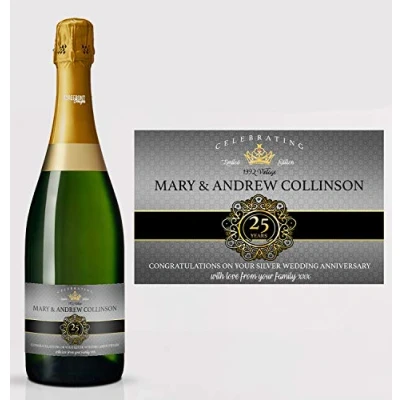 Image of Personalised Silver 25th Wedding Anniversary Champagne Bottle Label Any Wording