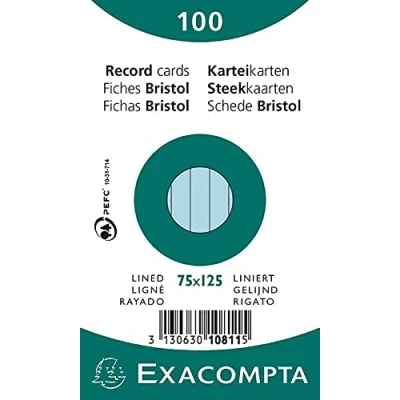 Image of Exacompta Ref 10811X Bristol Lined Record Cards (Pack of 100) 75 x 125mm in Size, 205gsm Card, Compatible with Printers Suitable for Exam Revision &amp; Notes Blue