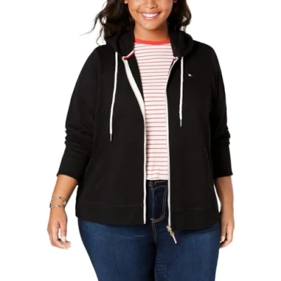 Image of Tommy Hilfiger Women&#039;s French Terry Zip Hoodie Solid Hooded Sweatshirt, Black, L UK