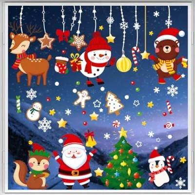 Image of Christmas Window Stickers, Cloudgree 9 Sheets Double Sided Clings Shop Decals, Reusable Decorations Santa Claus Snowman for Showcase Windows Glass Doors