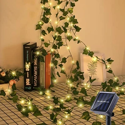 Image of GuKKK Outdoor Solar Fairy Lights, Artificial Ivy 100 LEDs, 10 m/32 ft, 8 Modes, Waterproof Lights for Garden, Balcony, Wedding, Fence, Camping, Christmas, Decorations, Green Vine